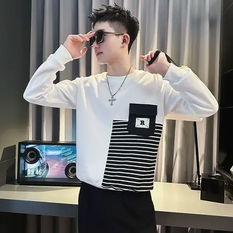 春秋季拼接条纹卫衣男潮牌ins撞色男装上衣2023新款春装长袖T恤衫商品大图