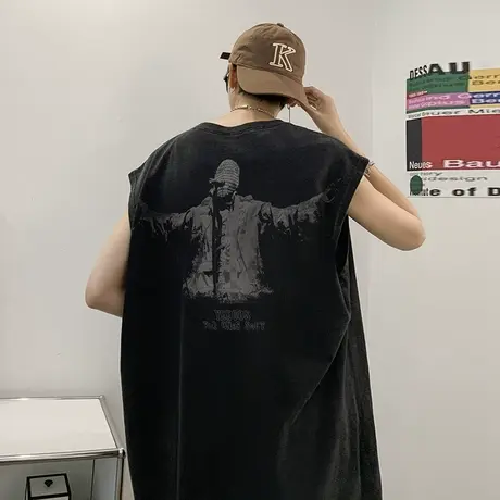 美式暗黑风人物印花坎肩背心男夏季潮流薄款透气水洗做旧无袖上衣商品大图