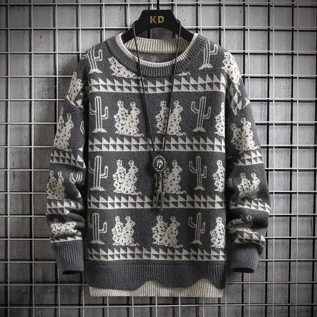 假两件圆领毛衣男士韩版冬季潮牌打底针织衫男装修身线衣厚款秋装商品大图