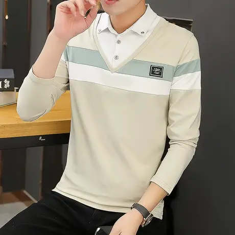 纯棉假两件POLO衫男士衬衫领长袖T恤拼接撞色青年休闲百搭打底衫商品大图