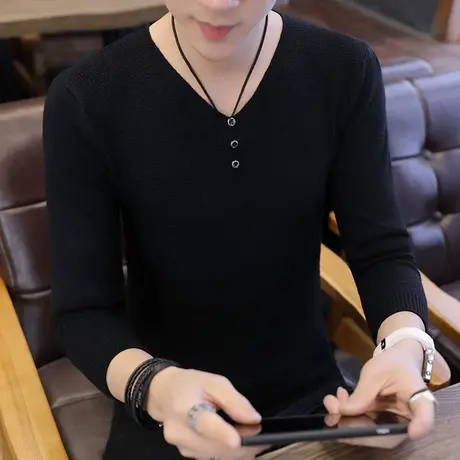 新款修身上衣衫男v领套头长袖针织打底衫男士鸡心领休闲纯色毛衣商品大图