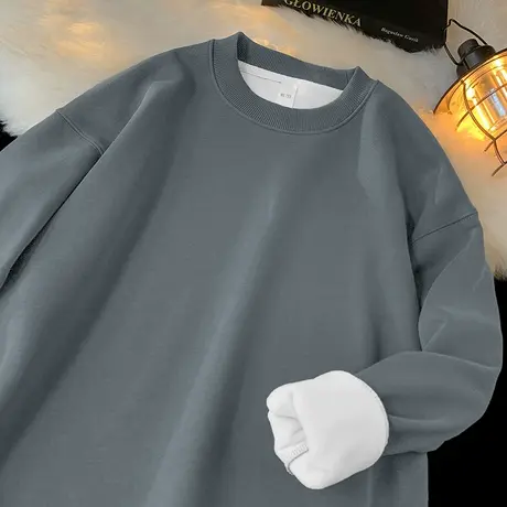 450g美式重磅摇粒绒卫衣男秋冬款加绒加厚圆领长袖t恤无帽上衣服图片