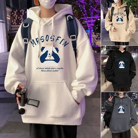 国潮熊猫印花连帽卫衣男春秋季新款情侣装潮牌外套套头设计感帽衫商品大图