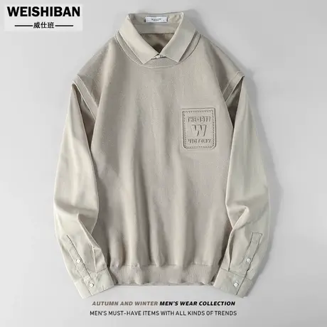 潮流假两件衬衫领毛背心男士2023秋冬季新款衬衣袖马甲针织衫上衣图片