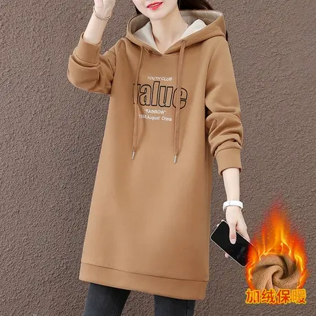 中长款加绒卫衣女秋冬2023新款韩版时尚连帽修身显瘦薄绒上衣外套商品大图