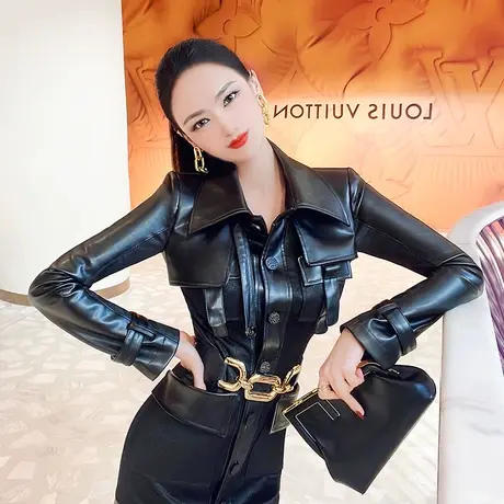 VJE欧美帅气拼皮中长款风衣女新款气质女王范设计感翻领外套商品大图