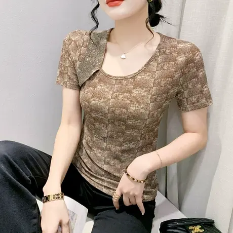 性感网纱短袖上衣女2023夏装新款时尚印花斜领T恤气质修身小衫潮商品大图