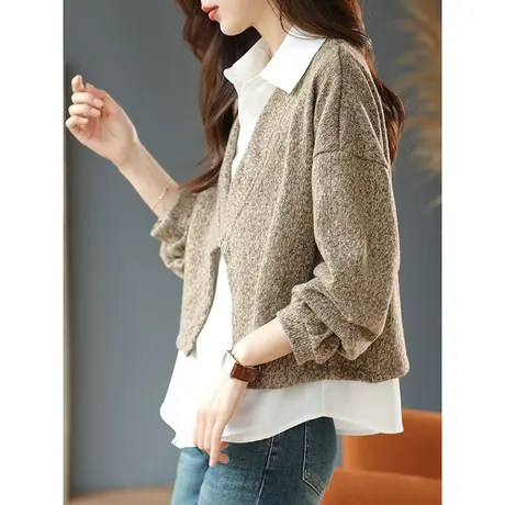 宝诗黎OL气质衬衫落肩长袖针织衫两件套装叠穿时尚设计感秋季女装商品大图