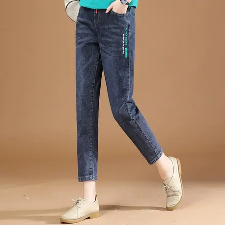 韩潮袭人松紧腰休闲印花女士牛仔裤子2024年新款春季小脚哈伦长裤图片
