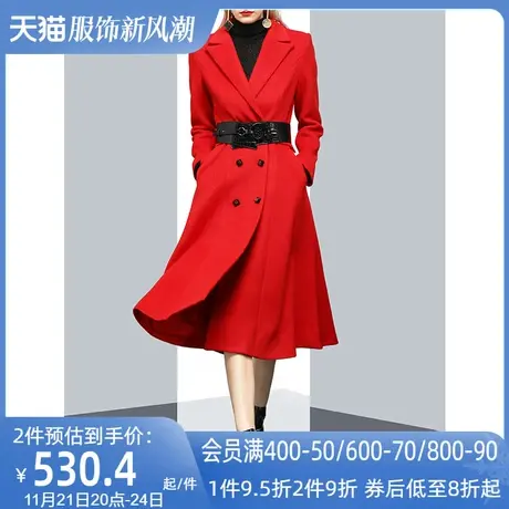 大红色气质中长款毛呢外套女冬2022新款收腰显瘦双排扣呢子大衣潮图片