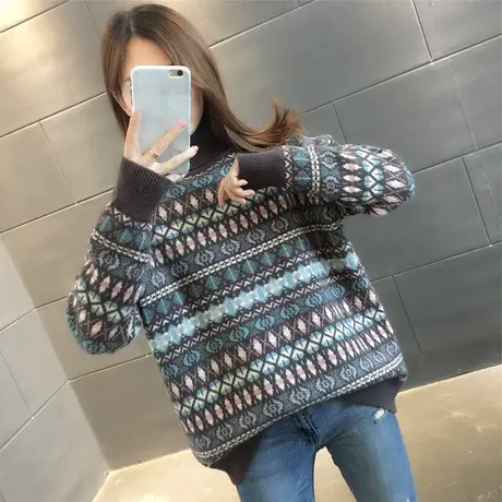 复古印花高领毛衣女2023秋冬新款加厚宽松外穿打底衫撞色百搭上衣商品大图