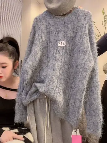 别致设计感套头毛衣女秋冬新款韩版宽松慵懒风软糯长袖针织衫上衣图片