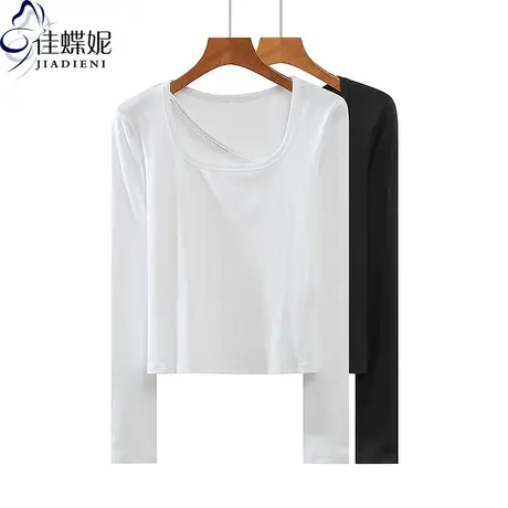 春秋新款韩版圆领修身纯色纯欲短款纯棉长袖体恤上衣内搭女打底衫商品大图