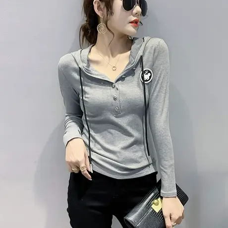 2024春装新款韩版ins潮V领T恤女长袖连帽拉绳上衣洋气百搭打底衫图片