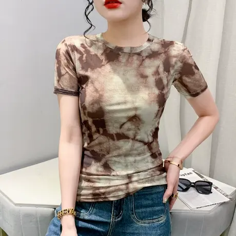 2024夏装新款性感网纱T恤女短袖气质圆领小衫设计感小众扎染上衣图片