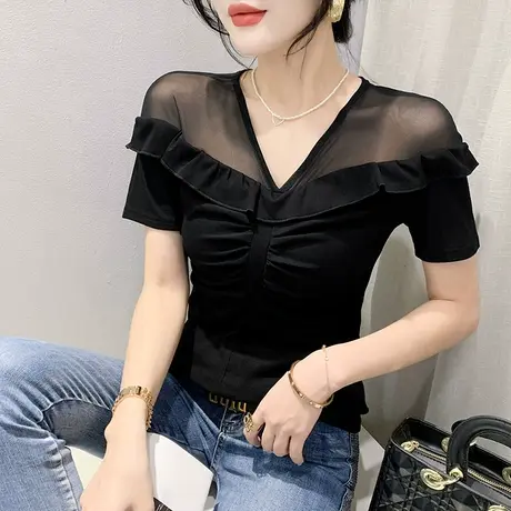时尚荷叶边短袖T恤女性感网纱拼接上衣气质V领小衫修身百搭半袖夏商品大图