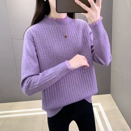 半高领蕾丝边套头女毛衣秋冬新款简约针织打底衫韩版宽松内搭上衣商品大图