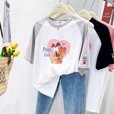 韩国东大门插肩袖上衣2023夏季原宿风港味休闲纯棉短袖T恤宽松潮商品大图