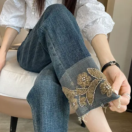九分直筒牛仔裤女2023秋季新款拼接绣花修身显瘦弹力高腰烟管裤子商品大图
