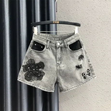 欧货烟灰色重工钉珠花朵磨破牛仔短裤女洋气高腰宽松显瘦阔腿热裤图片