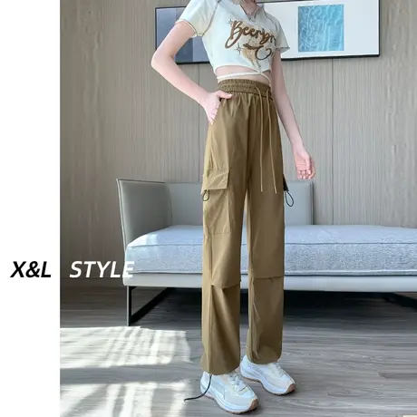 卡其色阔腿休闲工装裤女秋2023年新款春秋设计感修身百搭直筒裤子图片