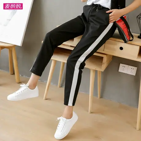 九分春秋休闲裤宽松系绳女士打底裤弹力松紧腰百搭侧条黑色裤大码商品大图