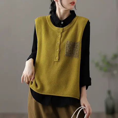 dza 复古圆领针织马甲背心女士2022新款秋季外穿内搭显瘦马夹上衣图片