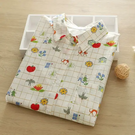 春秋日系文艺小清新碎花格子印花纯棉长袖衬衫女学生宽松打底上衣图片