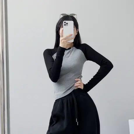 设计感小众拼色长袖T恤女春秋冬内搭短款打底衫ins潮高腰修身上衣图片