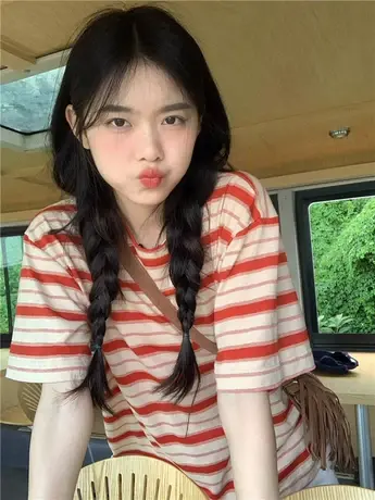 条纹t恤女短袖夏2024年新款红色上衣小个子宽松百搭绿色彩条体恤商品大图