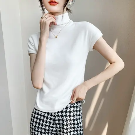 半高领磨毛短袖T恤女2023春季新款修身显瘦打底内搭洋气高贵小衫商品大图