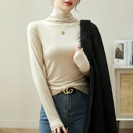 2件】莫代尔长袖打底衫女半高领纯色内搭早秋高品质修身显瘦上衣商品大图