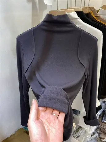 欧货洋气半高领加薄绒t恤女2022秋冬新款亲肤显瘦内搭打底衫上衣商品大图