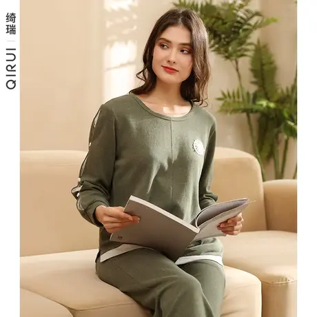 绮瑞睡衣女士春秋季彩纱棉质套装素雅宽松秋冬款加厚可外穿家居服商品大图