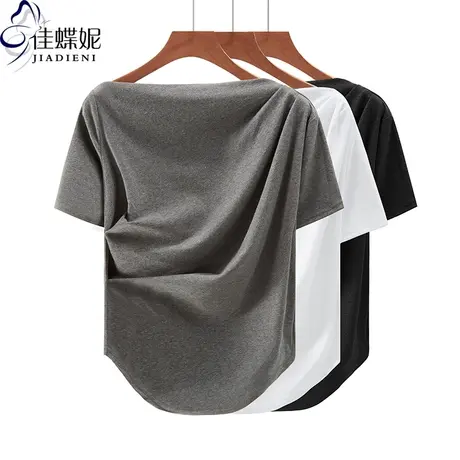 夏季新款韩版一字领修身纯棉纯色褶皱下摆圆弧纯欲短袖体恤上衣女图片