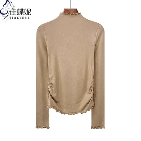 秋冬新款半高领荷叶边修身褶皱纯欲纯色磨毛长袖体恤上衣女打底衫图片