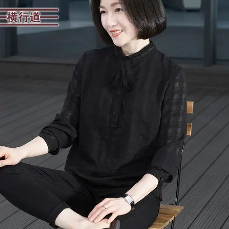 韩版立领飘带雪纺宽松长袖大码中年妈妈装2025春季新款外穿上衣女商品大图