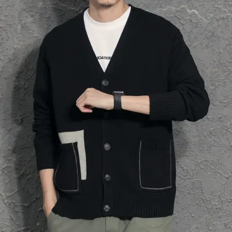 设计师小众拼色春秋季男士V领开衫针织衫上衣宽松长袖薄外套日系图片