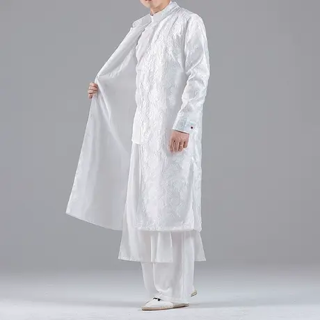 秋冬男风衣中国风提花开衫上衣大码宽松复古中式长衫外套白色道袍商品大图