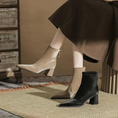 短靴女2024年新款秋冬尖头粗跟英伦风马丁靴法式瘦瘦靴高跟配裙子图片