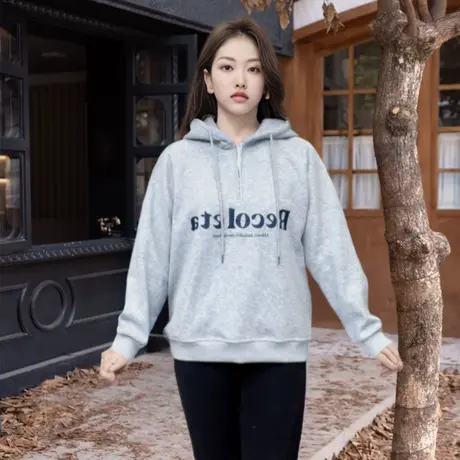 显瘦胖MM套头大码上衣冬季新款连帽拉链休闲长袖印花卫衣女加绒款商品大图