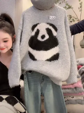 慵懒风刺绣熊猫毛衣女秋冬新款韩版宽松时尚百搭高级感灰色针织衫图片