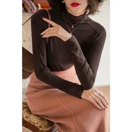 弥古黑色半高领打底衫女春秋薄款长袖t恤修身内搭针织上衣高级感图片