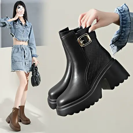 今年流行的高跟短靴女秋冬高跟靴子女2025法式新款韩系小踝靴厚底图片