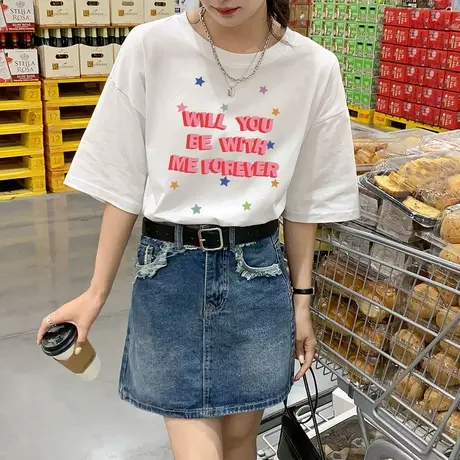 唐狮短袖女T恤衫纯棉夏季白色圆领前胸印花短袖T恤上衣设计感体恤图片