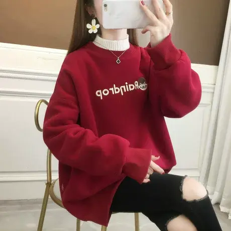 半高领卫衣女2024新款冬韩版宽松加绒加厚新年红色假两件上衣外套商品大图