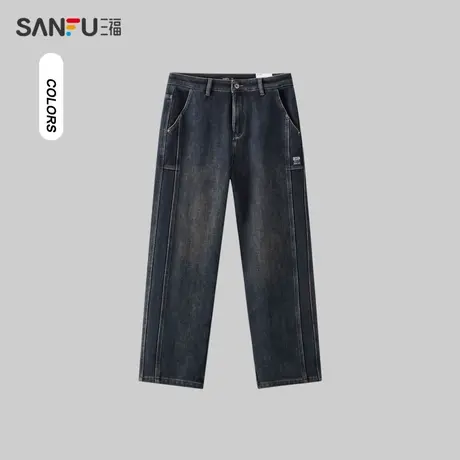 三福2023冬季男士加绒侧边分割牛仔裤 宽松直筒长裤男479585商品大图
