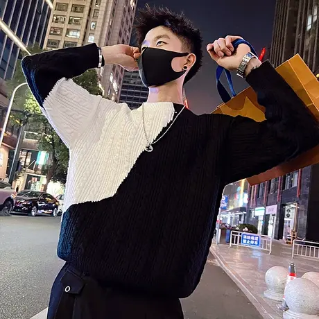 设计感轻熟撞色提花针织毛衣男秋冬2023个性时尚宽松加厚内搭线衣商品大图