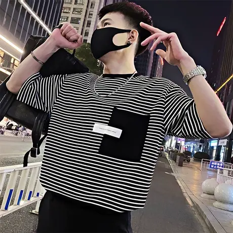 夏季宽松条纹短袖t恤男2023新款男装半截袖撞色痞帅潮流休闲半袖t商品大图