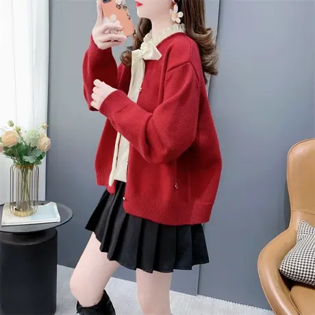 法式甜美系带蝴蝶结新年红色毛衣开衫女春季2024年新款小香风外套商品大图